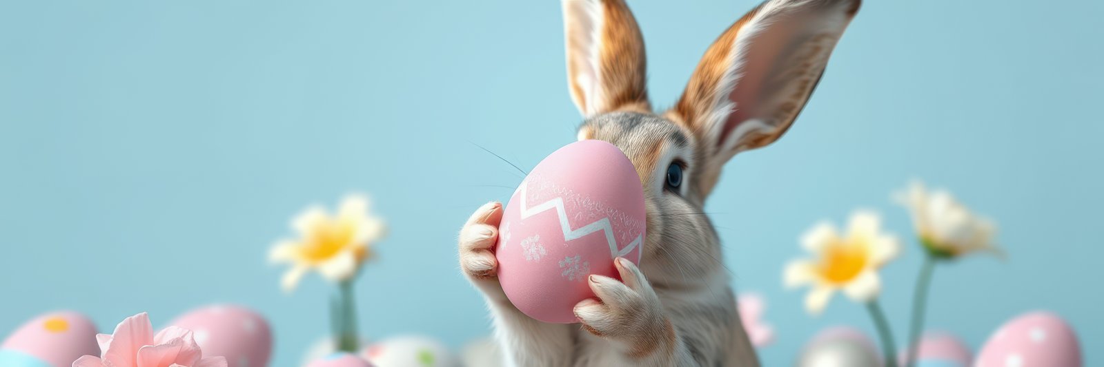 Cute bunny holding a pastel pink egg surrounded by colorful eggs and flowers during a festive spring celebration